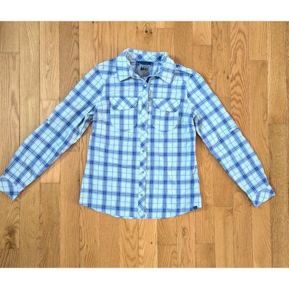 REI Womens Button Up Shirt Dri-Fit Small Purple Plaid Outdoor Activewear Shirt - Picture 2 of 5